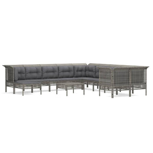 11-tlg. Garten-Lounge-Set mit Kissen Grau Poly Rattan