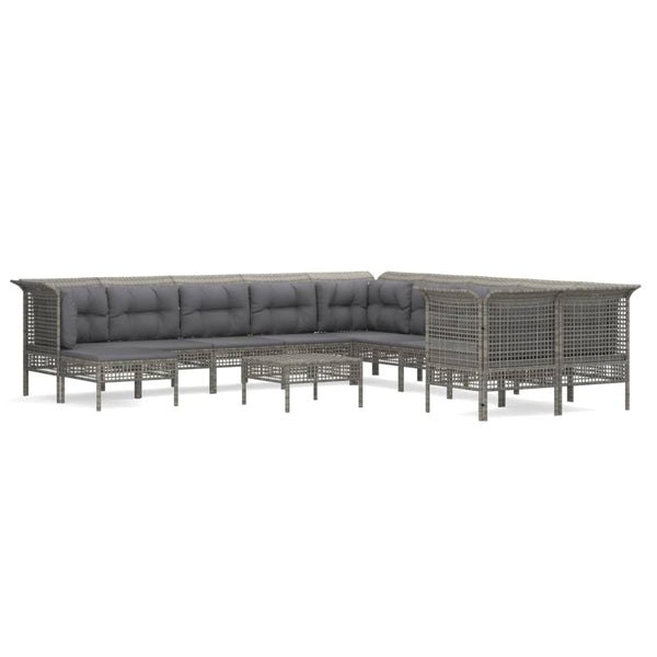 11-tlg. Garten-Lounge-Set mit Kissen Grau Poly Rattan