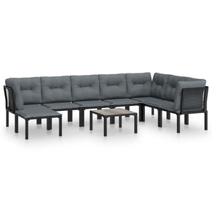 9-teiliges Garten Lounge Set Schwarz Grau Rattan