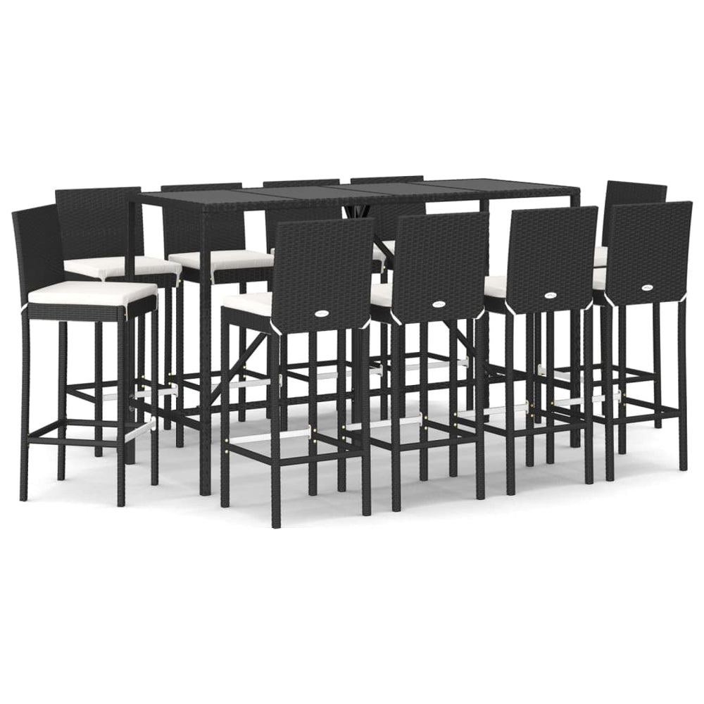 11-tlg. Gartenbar-Set mit Kissen Schwarz Poly Rattan