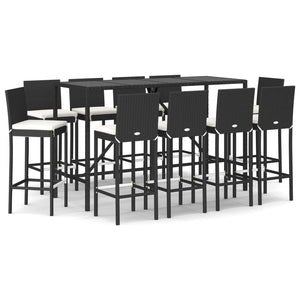 11-tlg. Gartenbar-Set mit Kissen Schwarz Poly Rattan