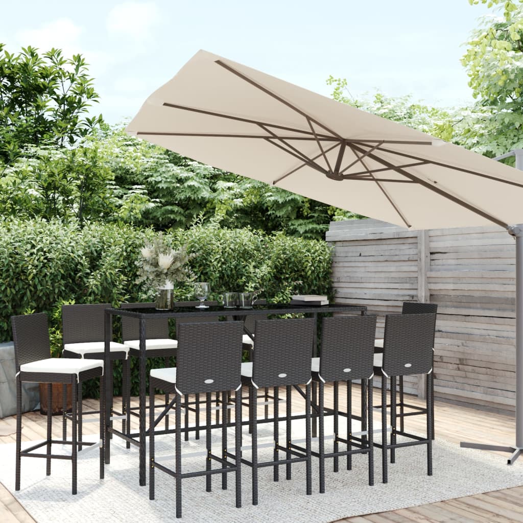 11-tlg. Gartenbar-Set mit Kissen Schwarz Poly Rattan