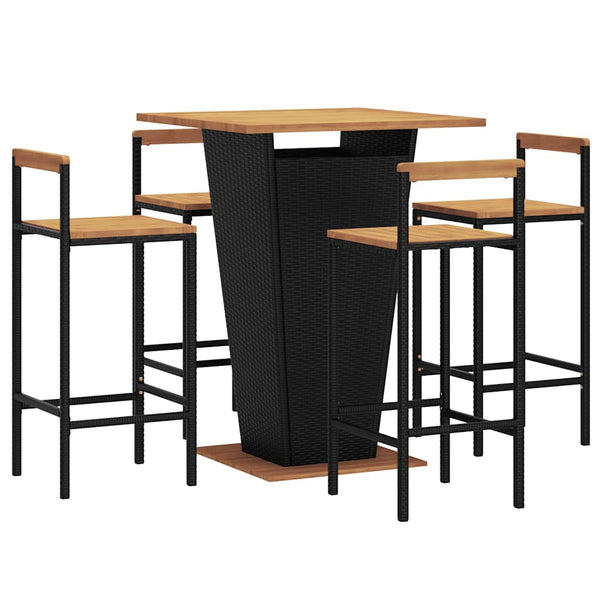 5-tlg. Gartenbar-Set Schwarz Poly Rattan & Massivholz Akazie