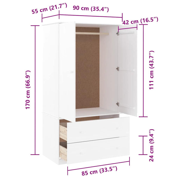 Weißer Kleiderschrank ALTA Kiefer Massivholz 90x55x170 cm