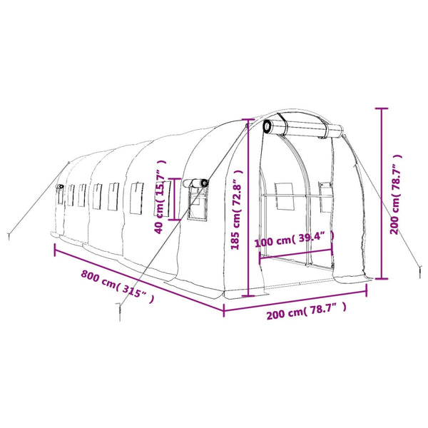 Serre de jardin avec cadre en acier vidaXL Vert 16 m² 8x2x2 m