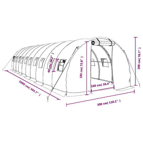 vidaXL Serre avec cadre en acier vert 30 m² 10x3x2 m