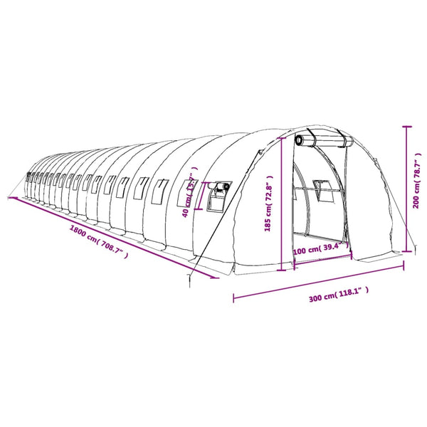 Weißes Stahlrahmen Gewächshaus 18x3x2 m, 54 m²