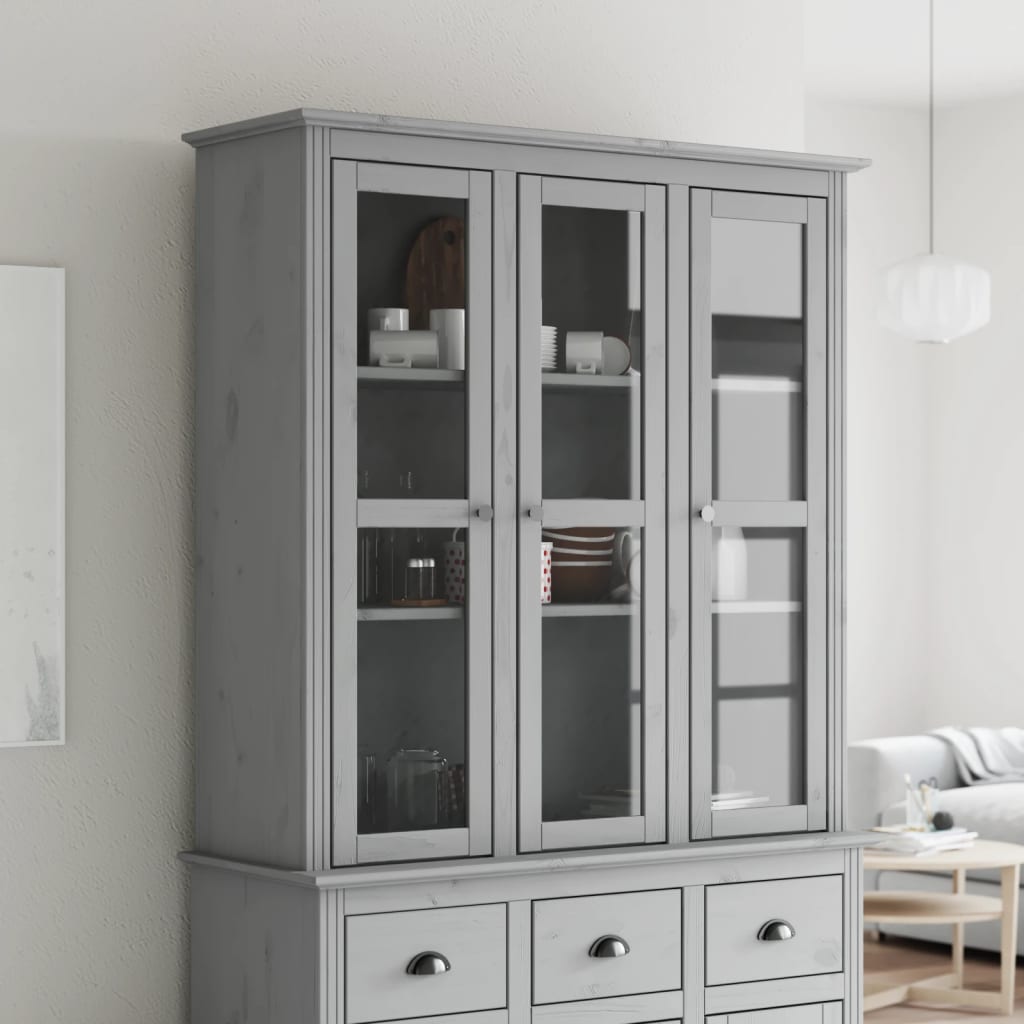 Grauer Vitrinenschrank BODO Kiefer Massivholz