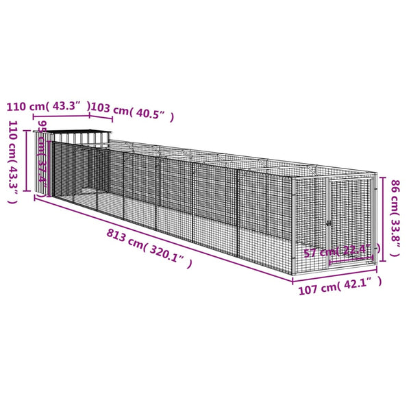 vidaXL Dog Kennel with Run Anthracite 110x813x110cm Galvanized Steel