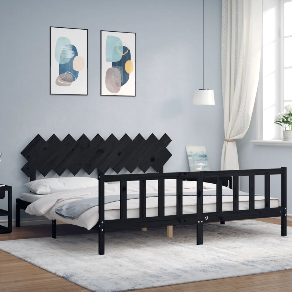 Massivholzbett Schwarz 200x200 cm mit Kopfteil