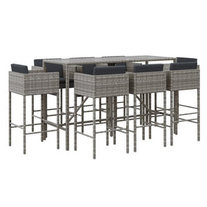 9-tlg. Gartenbar-Set mit Kissen Grau Poly Rattan