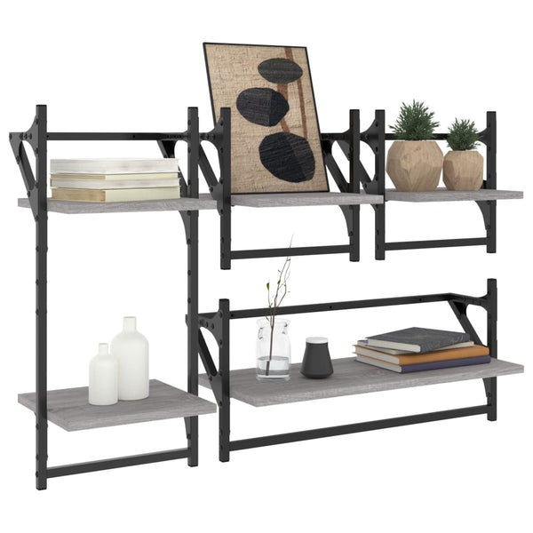 Wandregal Set Grau Sonoma mit Stangen, 4-teilig