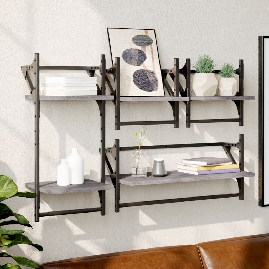 Wandregal Set Grau Sonoma mit Stangen, 4-teilig