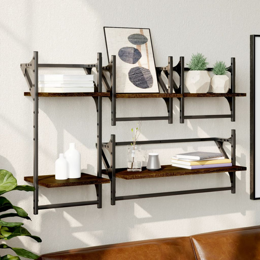 Wandregal-Set mit Stangen, Eichen-Optik, 4-teilig