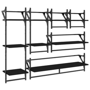 Wandregal Set mit Stangen, Schwarz, 6-teilig
