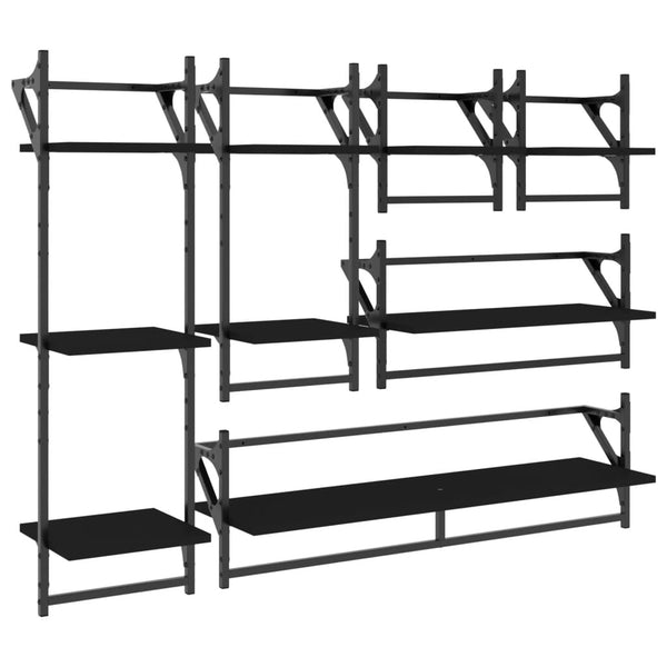 Wandregal Set mit Stangen, Schwarz, 6-teilig