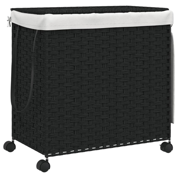 Schwarzer Rattan-Wäschekorb mit Rollen