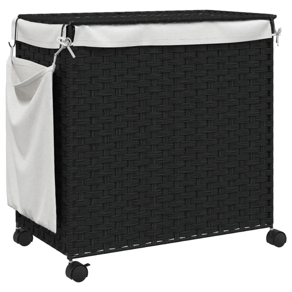 Schwarzer Rattan-Wäschekorb mit Rollen