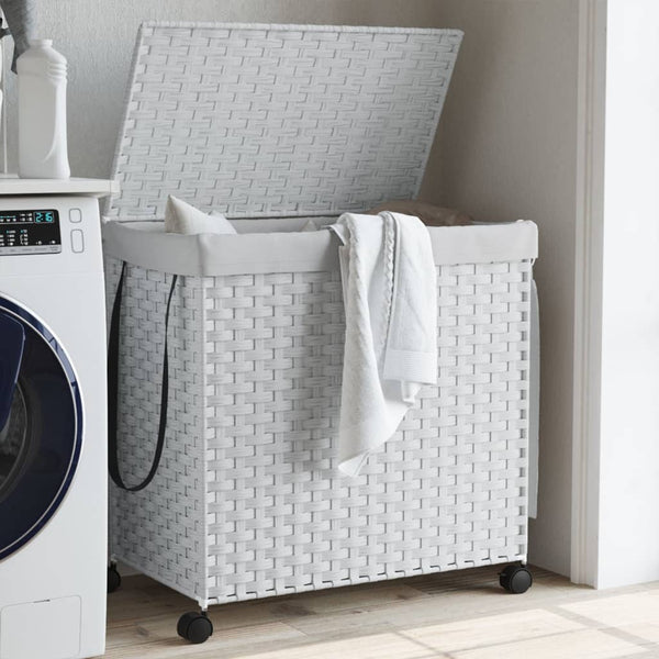 Wäschekorb Rattan mit Rollen, Weiß