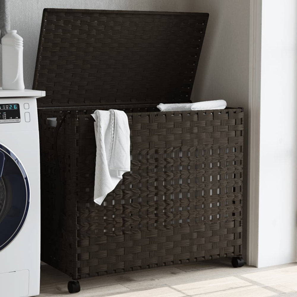 Rattan Wäschekorb mit Rollen Dunkelbraun