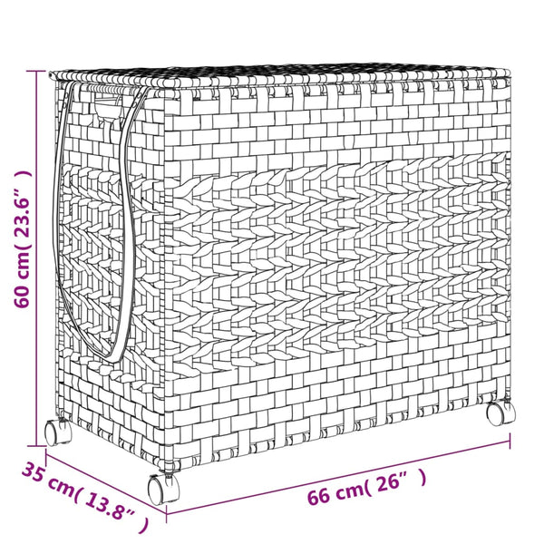 Wäschekorb Rattan Grau mit Rollen 66x35x60 cm