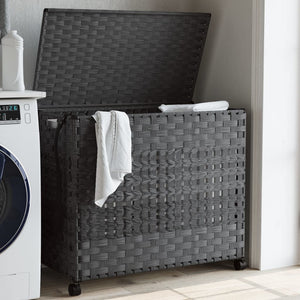 Wäschekorb Rattan Grau mit Rollen 66x35x60 cm