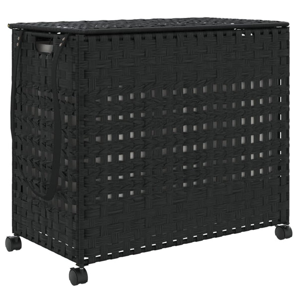 Schwarzer Rattan Wäschekorb mit Rollen