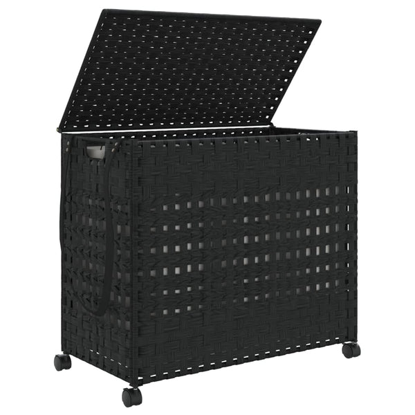 Schwarzer Rattan Wäschekorb mit Rollen