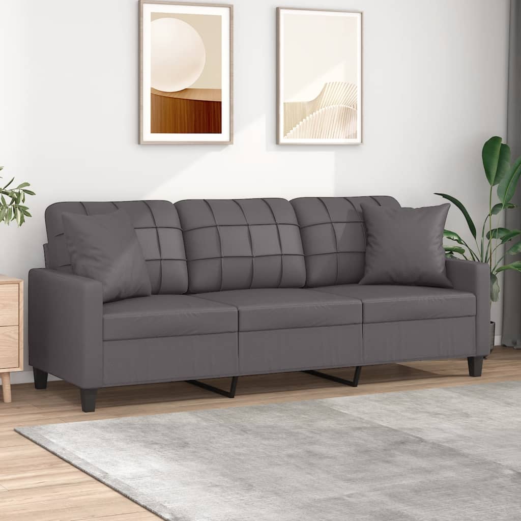 vidaXL Canapé 3 places avec oreillers décoratifs Gris 180 cm Similicuir
