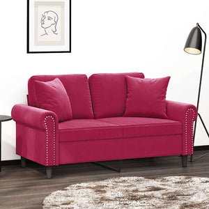Weinrotes 2-Sitzer Samt Sofa mit Kissen