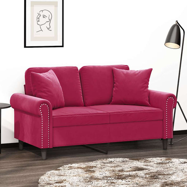 Weinrotes 2-Sitzer Samt Sofa mit Kissen