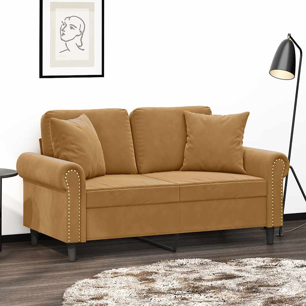 2-Sitzer Sofa Braun Samt mit Kissen 120 cm