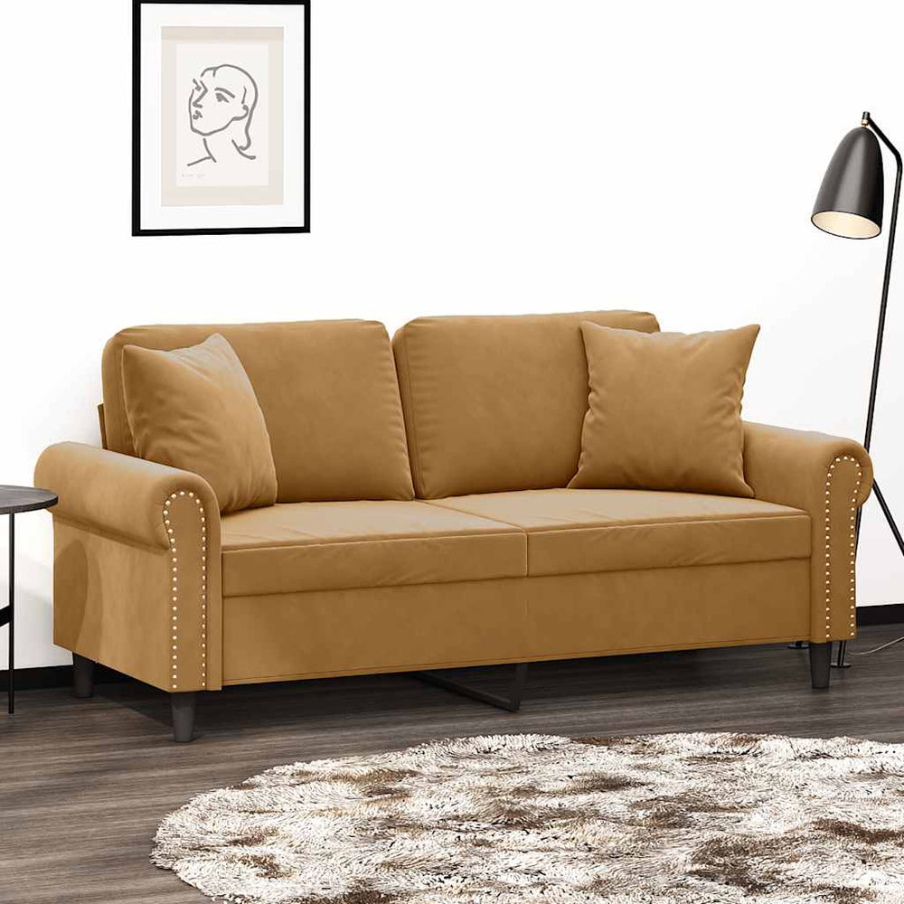 2-Sitzer Sofa Braun Samt mit Kissen 140 cm