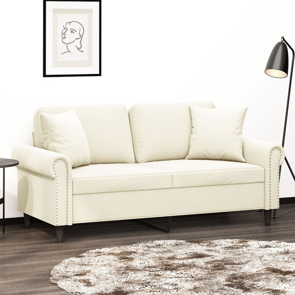 Creme Samt 2-Sitzer Sofa mit Kissen