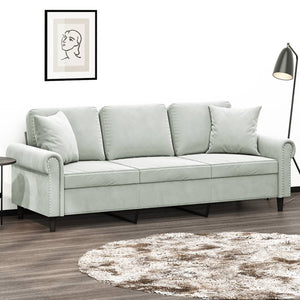 3-Sitzer Samt Sofa Hellgrau mit Kissen