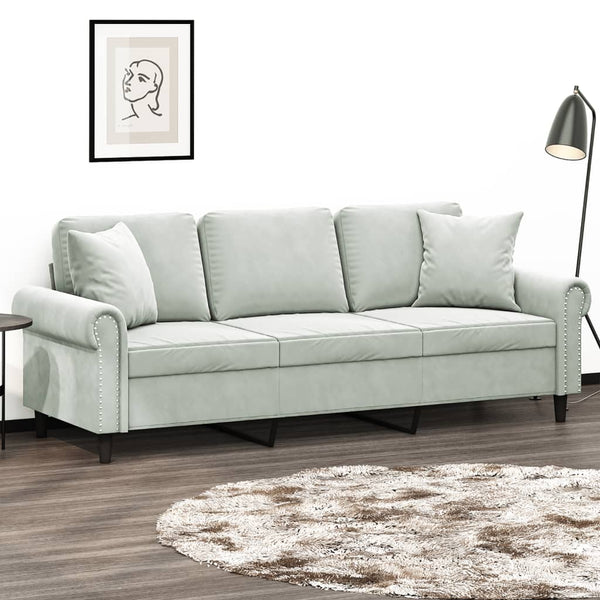 3-Sitzer Samt Sofa Hellgrau mit Kissen