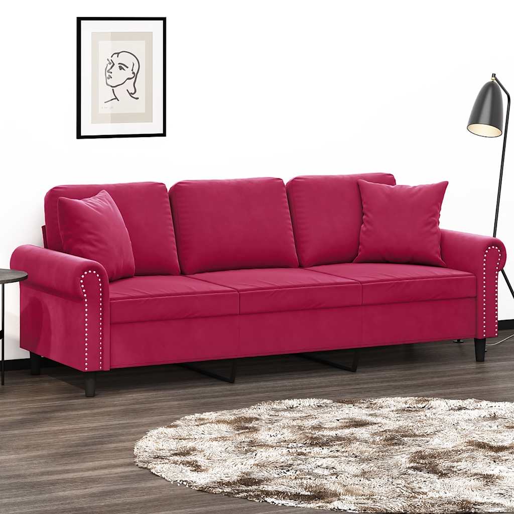 vidaXL Canapé 3 places avec oreillers décoratifs Rouge bordeaux 180 cm Velours