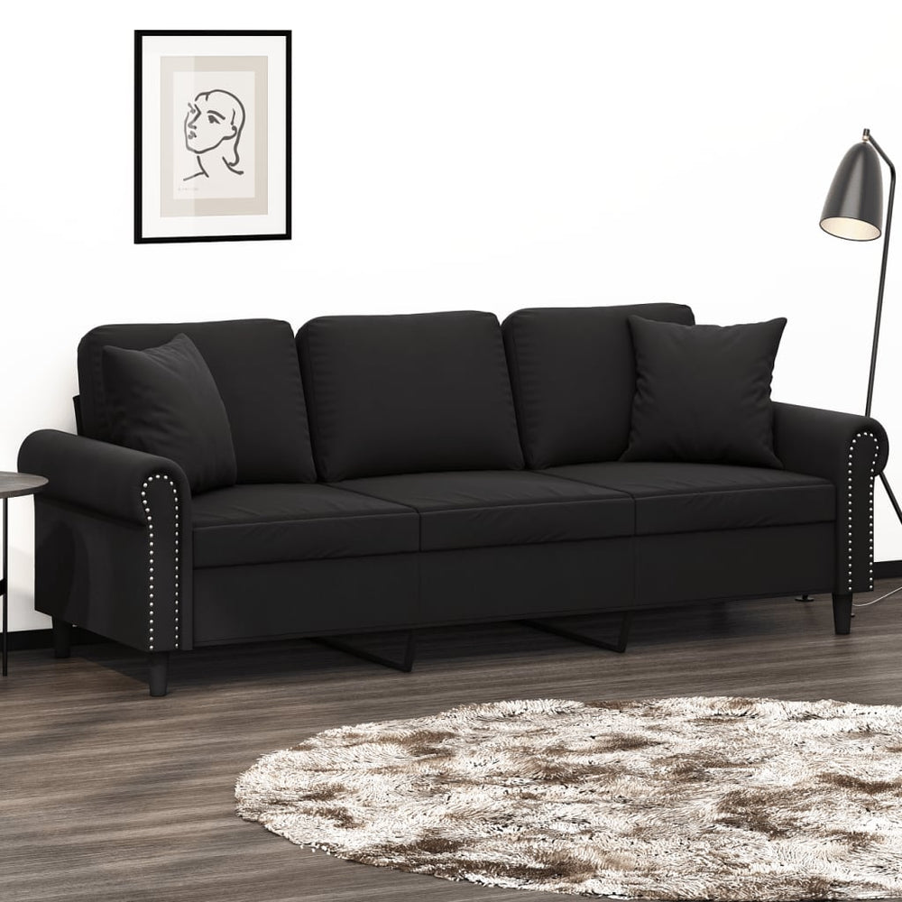 Schwarzes 3-Sitzer Samt Sofa 180cm mit Kissen