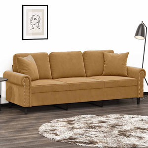 Samt Sofa 3-Sitzer Braun mit Kissen 180cm