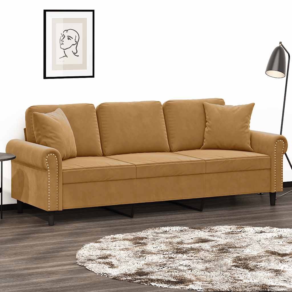 Samt Sofa 3-Sitzer Braun mit Kissen 180cm