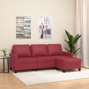 3-Sitzer Sofa mit Hocker Weinrot Kunstleder 180cm