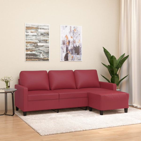 3-Sitzer Sofa mit Hocker Weinrot Kunstleder 180cm