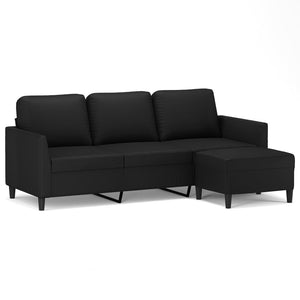 3-Sitzer Sofa mit Hocker Schwarz Kunstleder 180cm