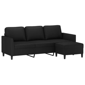 3-Sitzer Sofa mit Hocker Schwarz Kunstleder 180cm