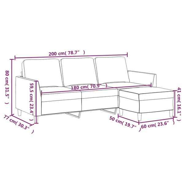 3-Sitzer Sofa mit Hocker Schwarz Kunstleder 180cm