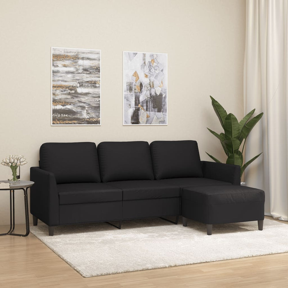 3-Sitzer Sofa mit Hocker Schwarz Kunstleder 180cm