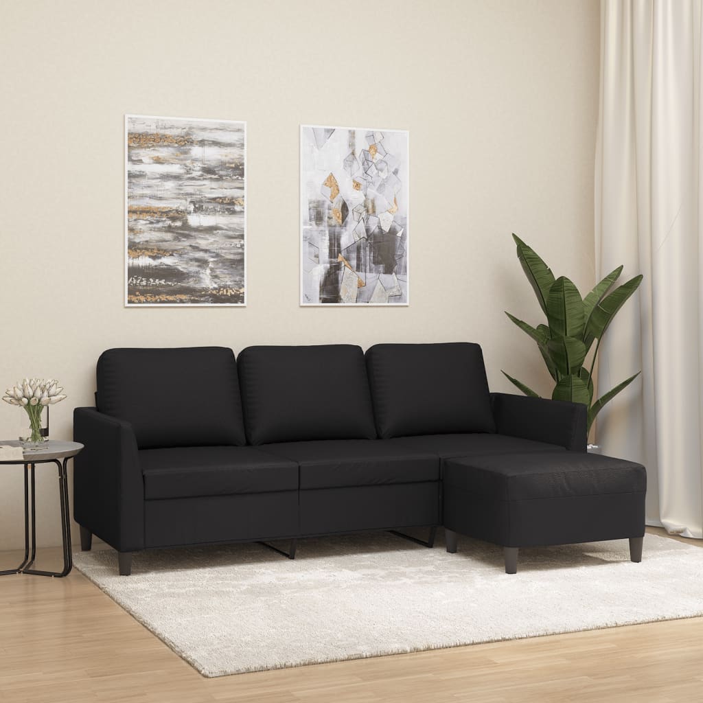 3-Sitzer Sofa mit Hocker Schwarz Kunstleder 180cm