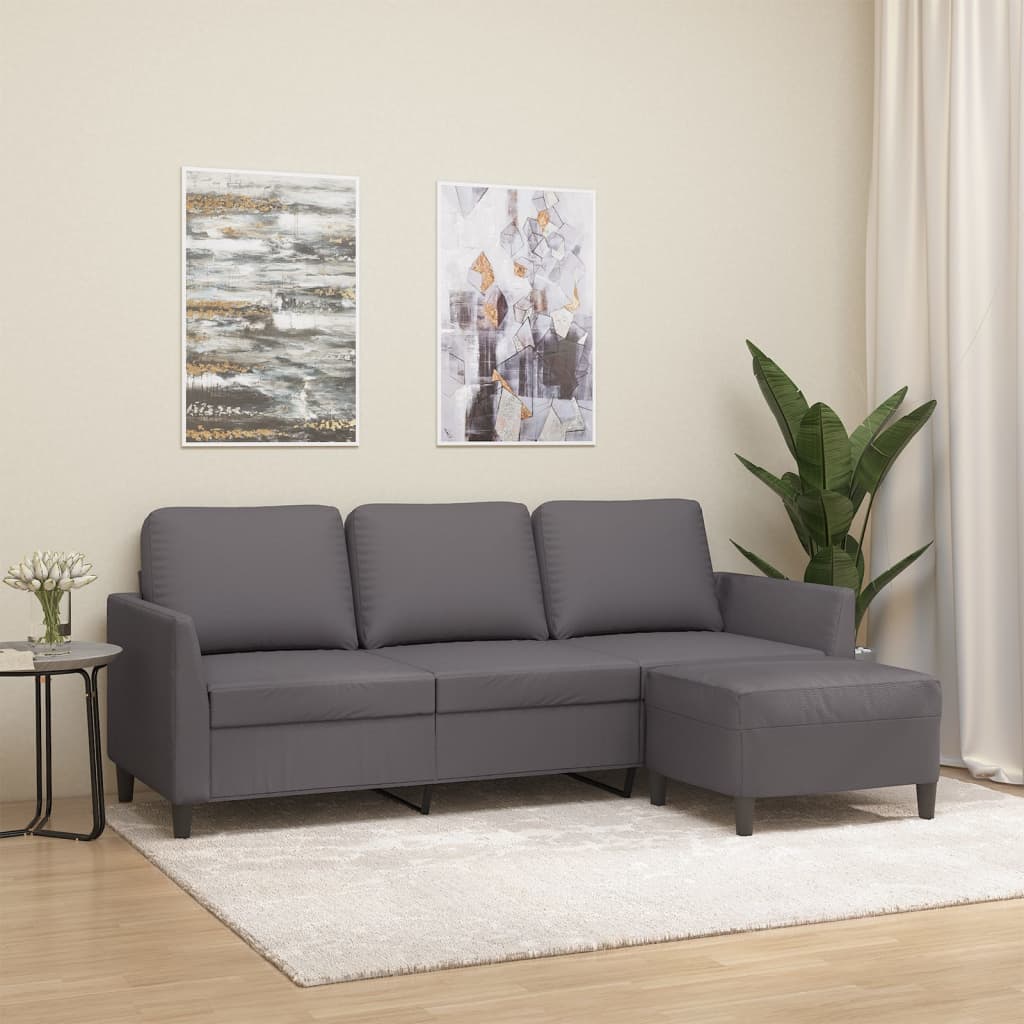 3-Sitzer Sofa mit Hocker Grau Kunstleder 180 cm