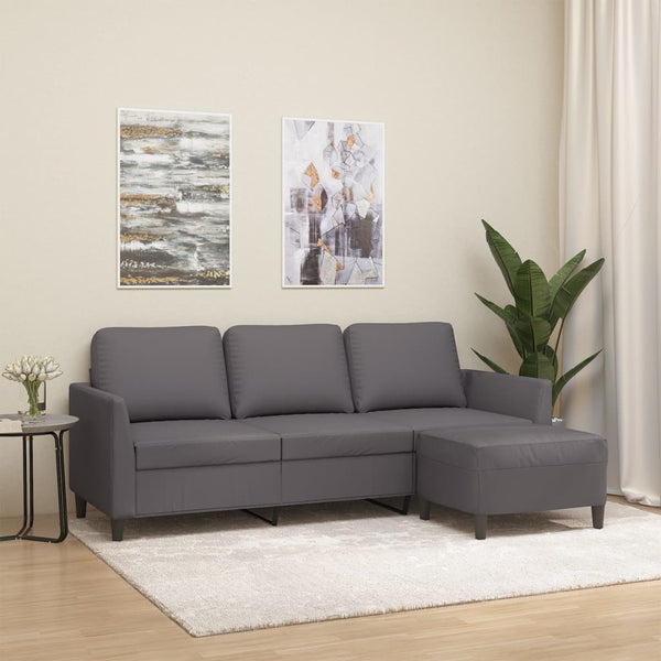 3-Sitzer Sofa mit Hocker Grau Kunstleder 180 cm