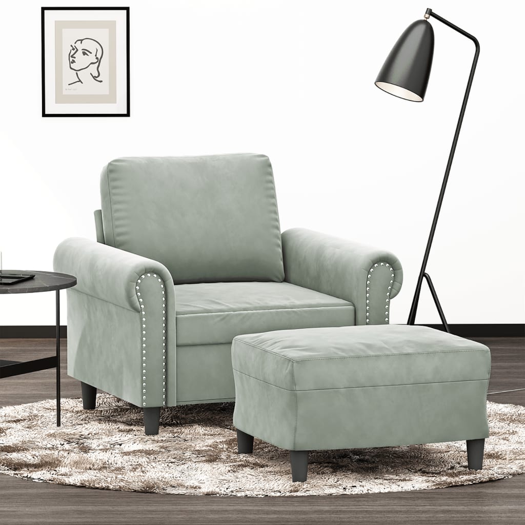 Sessel mit Hocker Hellgrau Samt